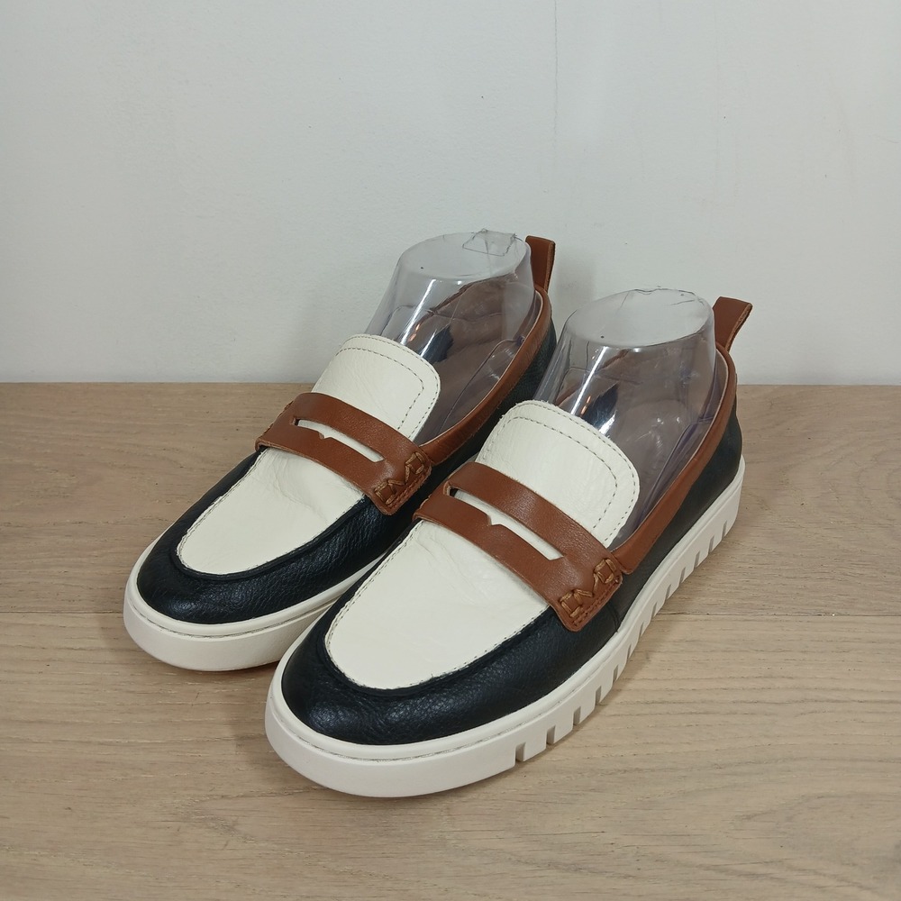 Vionic Penny Loafer Women 7 Black White Tan Leather Platform Lug Sole Sneaker